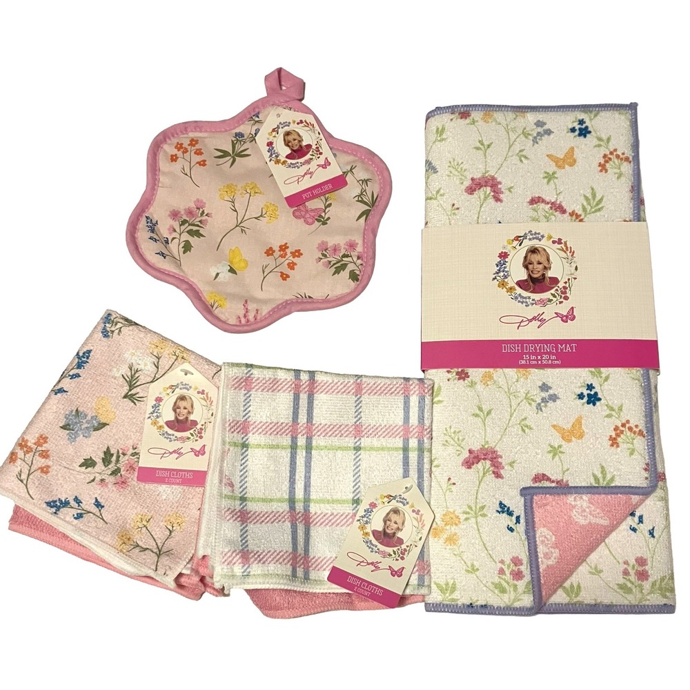 Dolly Parton Floral Butterfly Kitchen Set Dish Drying Mat Pot Holder Dish Cloths
